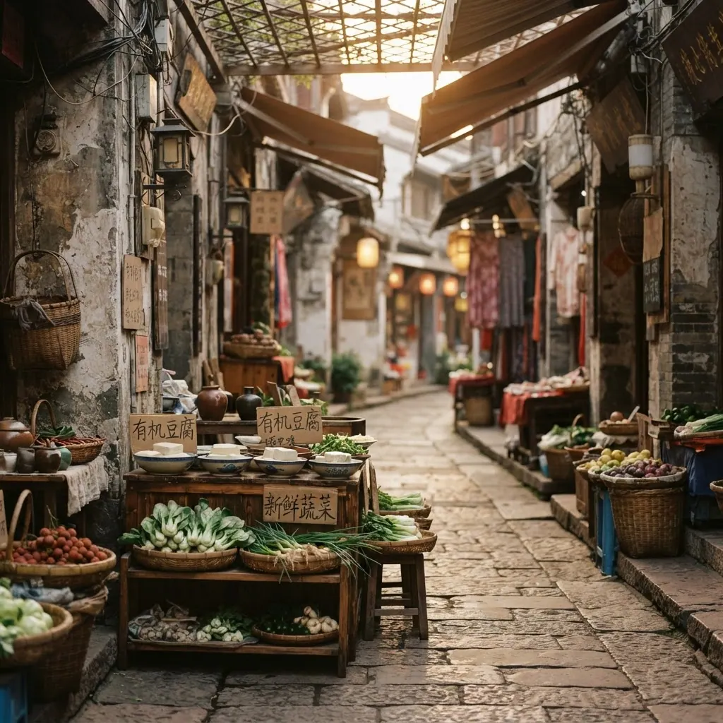 A local market lane with fresh produce and neighbourhood shops